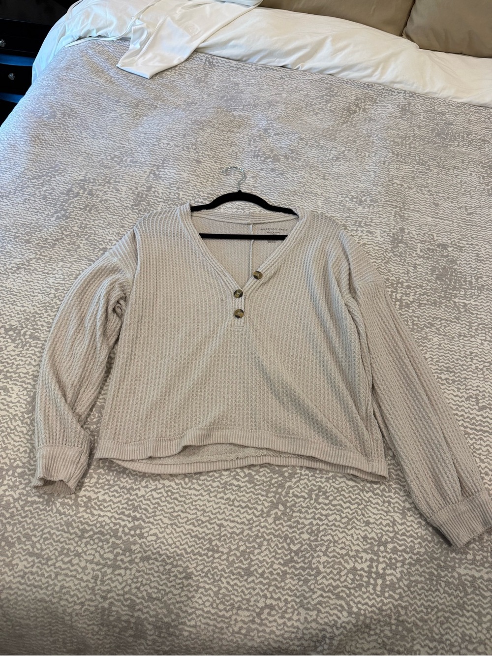 American Eagle Outfitters Beige Waffle Knit Henley Long Sleeve Top